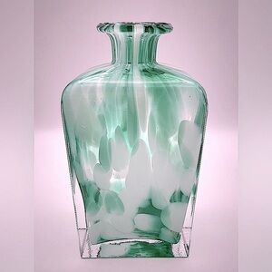 Fused art glass, green/white/clear, square bottle. Excellent condition! Pretty!